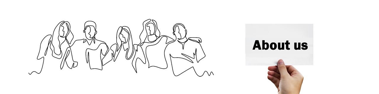 About Us banner consisting of black and white, pen drawn graphic image of a group of people on left, and a hand hold a card that says "About Us" on the right side.