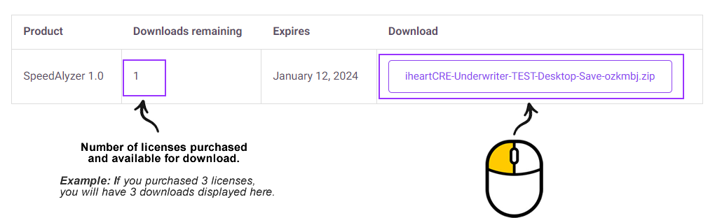 Screenshot of the download page displayed after purchasing the SpeedAlyzer software. There is an image of a computer mouse pointing to the download link. This is indicating the first action in the graphic. There is an image of an arrow pointing to the number of downloads remaining. There is text under the arrow stating "Number of licenses purchased and available for download". Below that it states, "Example: If you purchased 3 licenses, you will have 3 downloads displayed here.