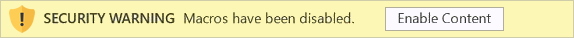 Image example of Excel macros have been disabled yellow security warning with the enable content button.