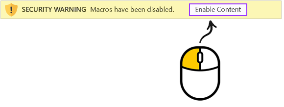 Image of Excel macros have been disabled yellow security warning with the enable content button highlighted and the image of a computer mouse left clicking on the button.
